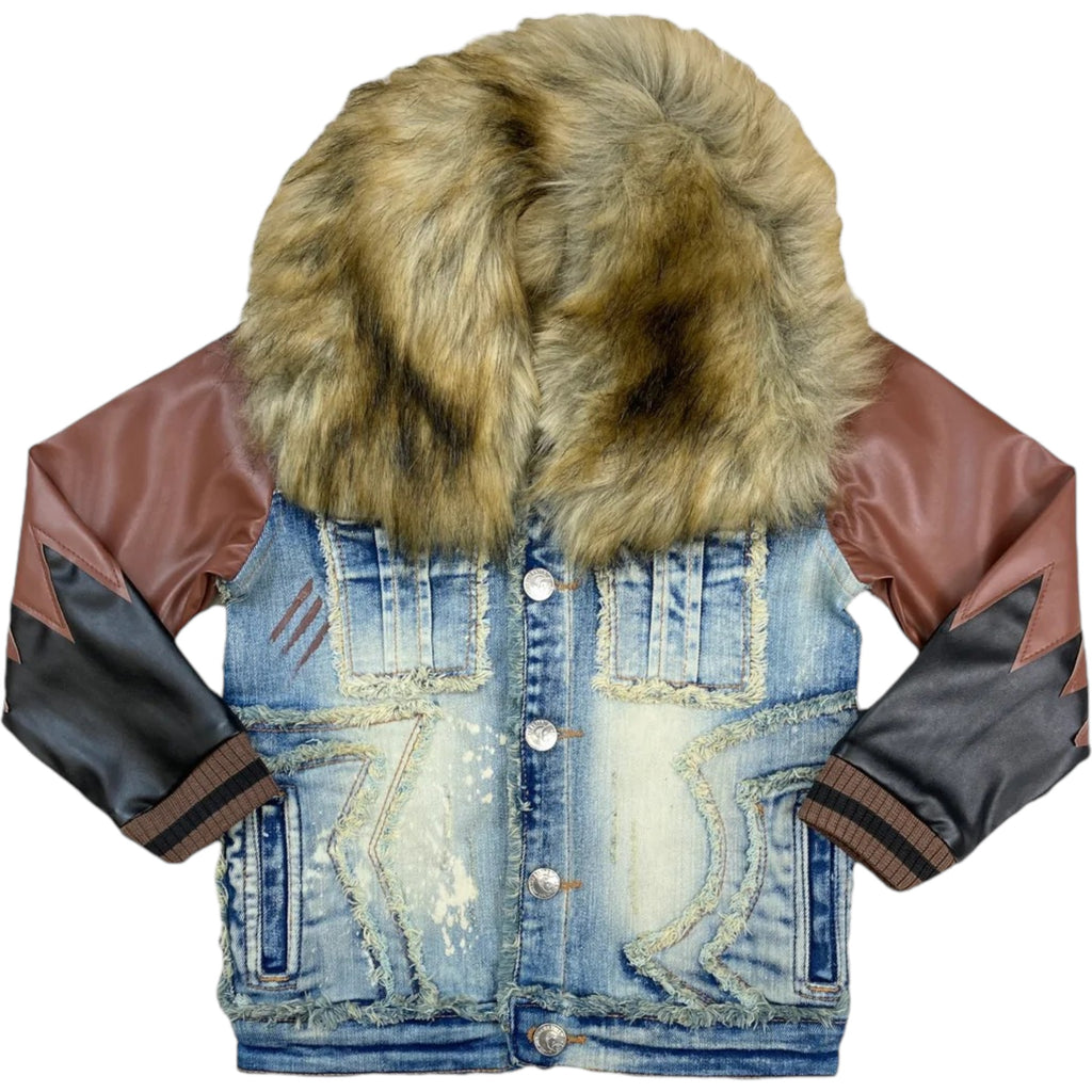 Denim jacket with fur hood and leather sleeves on a white background