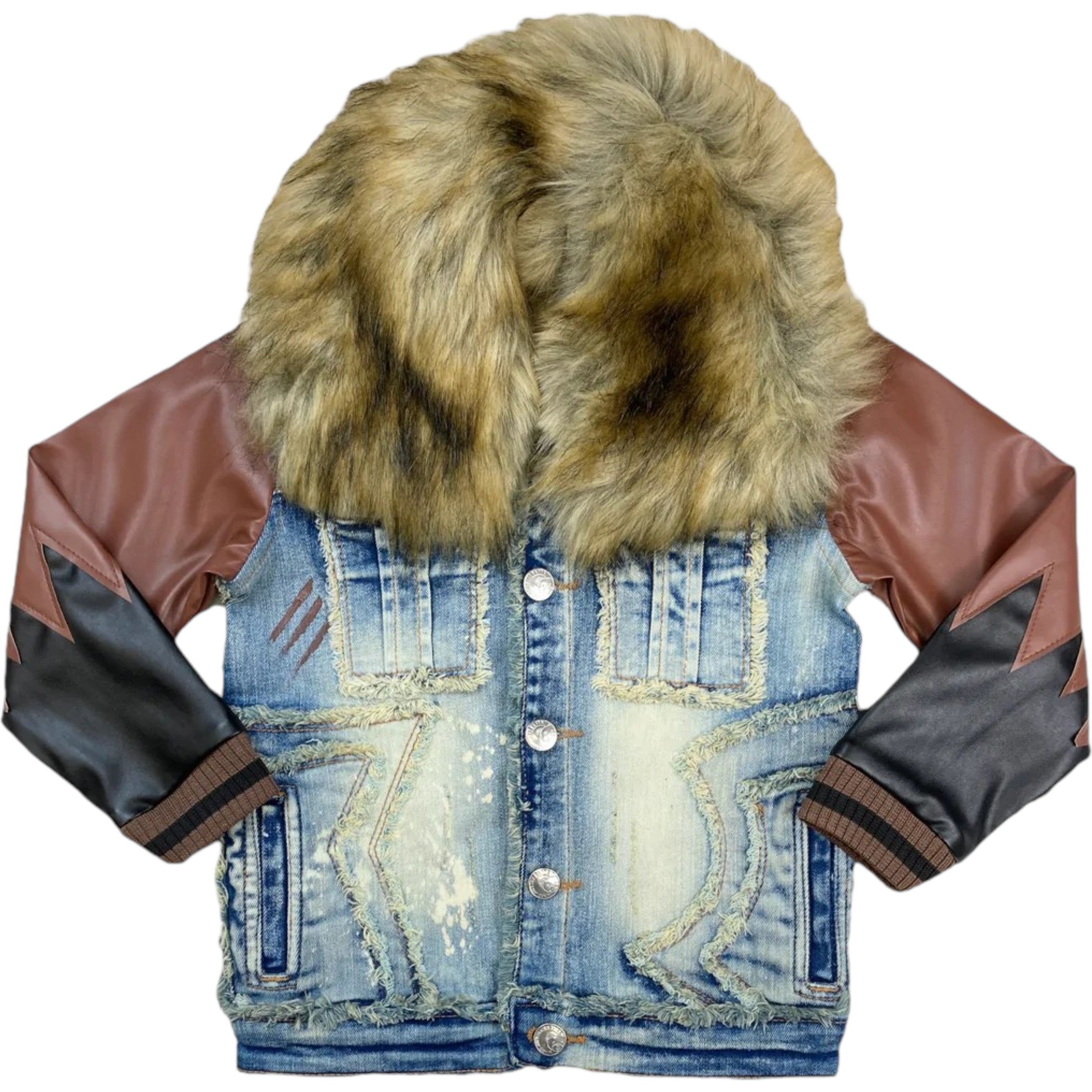 Denim jacket with fur hood and leather sleeves on a white background