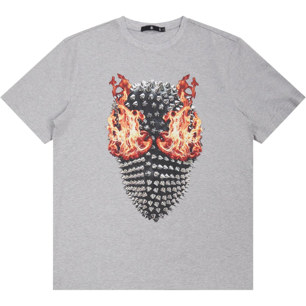 Gray t-shirt with a unique design featuring flames and spikes on a white background