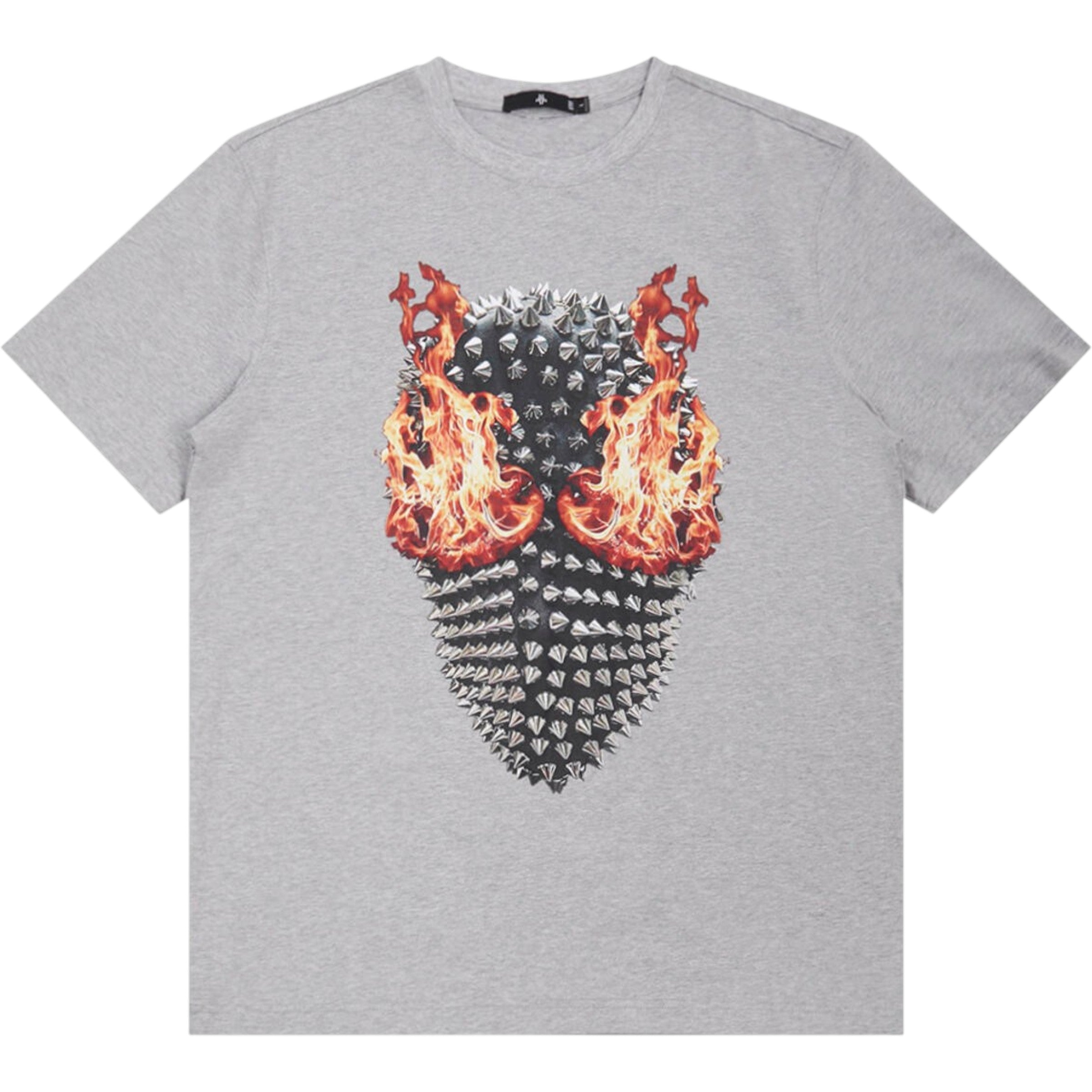 Gray t-shirt with a unique design featuring flames and spikes on a white background