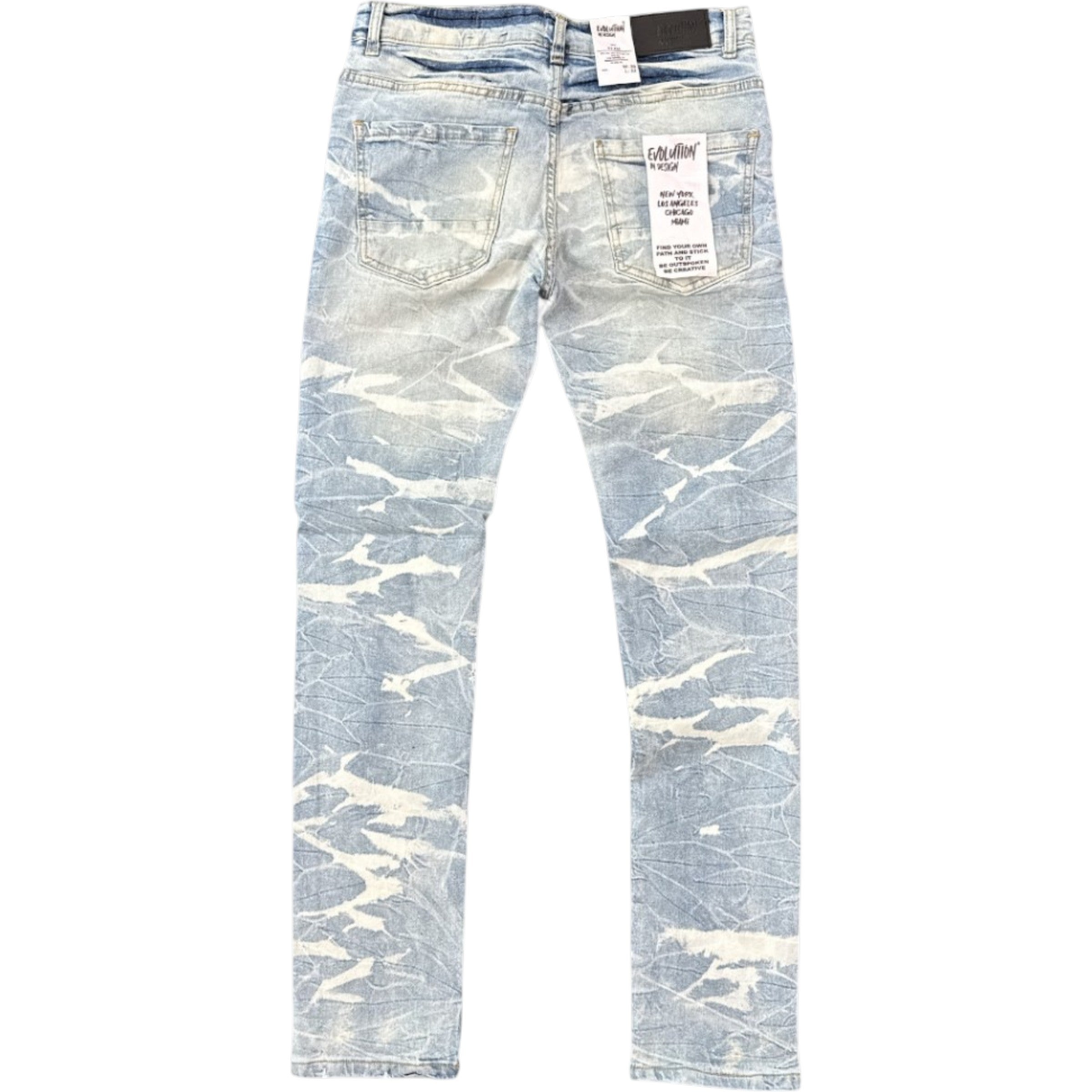 Light blue distressed jeans with shark pattern on a white background