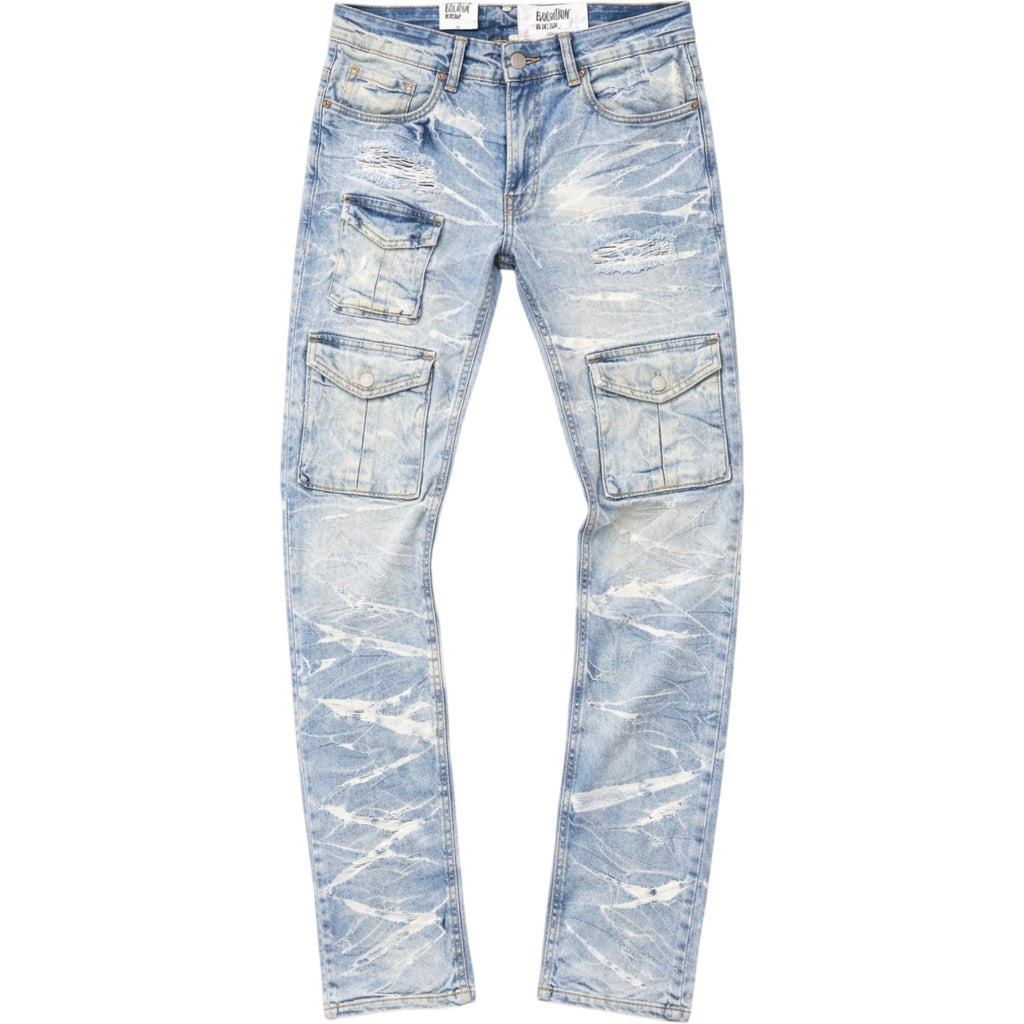 Light blue distressed jeans on a white background