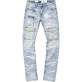 Light blue distressed jeans on a white background