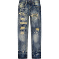 Distressed blue jeans on a white background