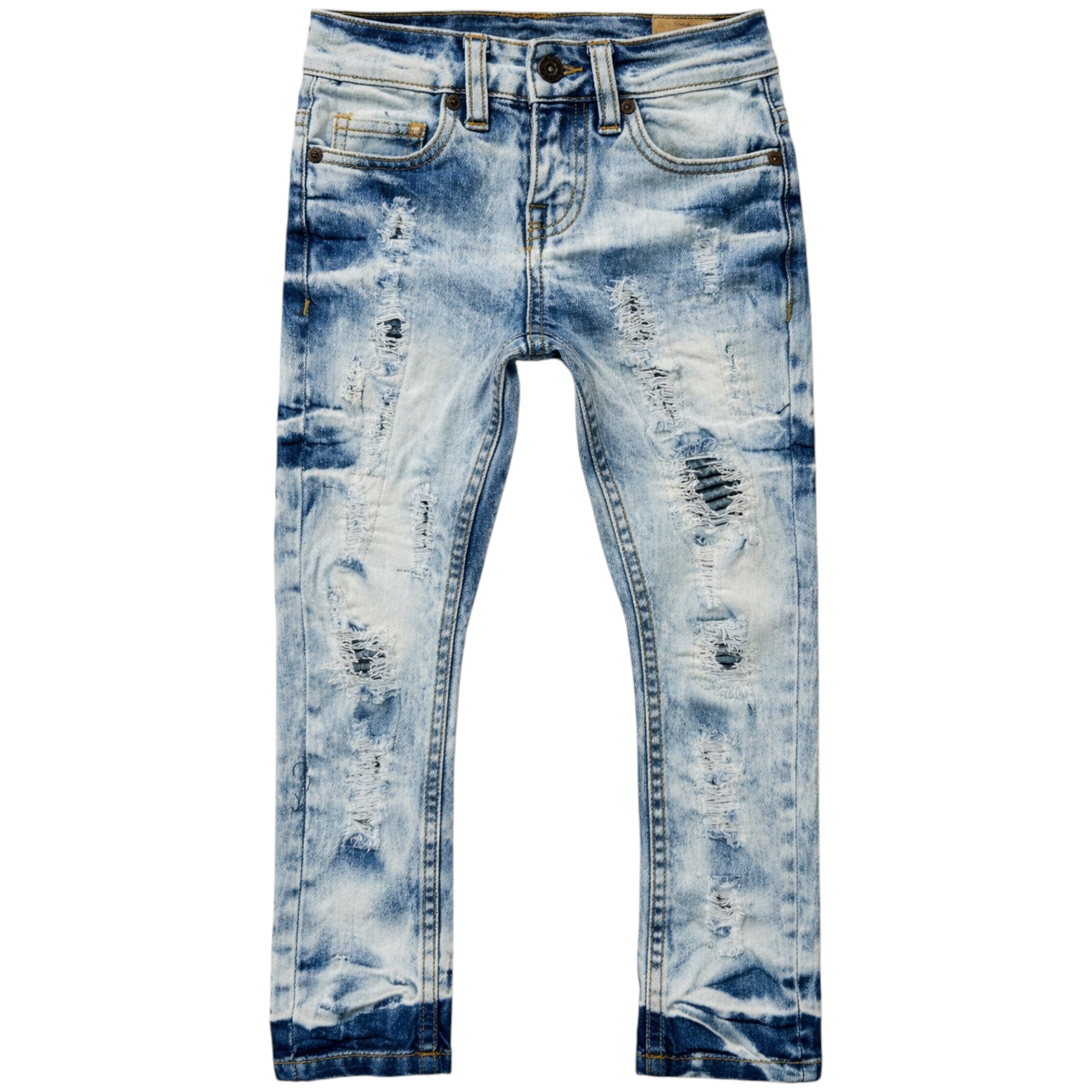 Distressed blue jeans on a white background