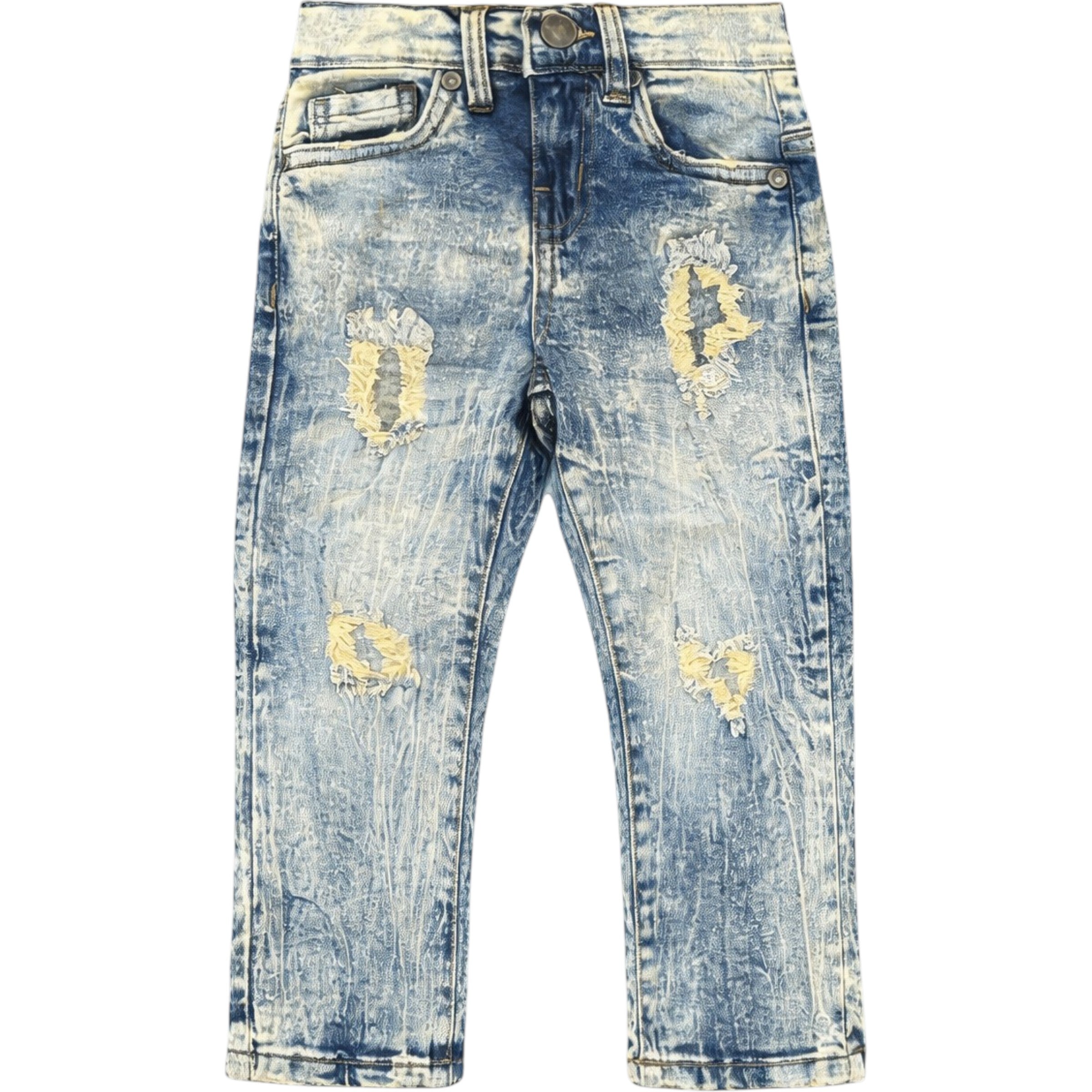 Distressed blue jeans on a white background