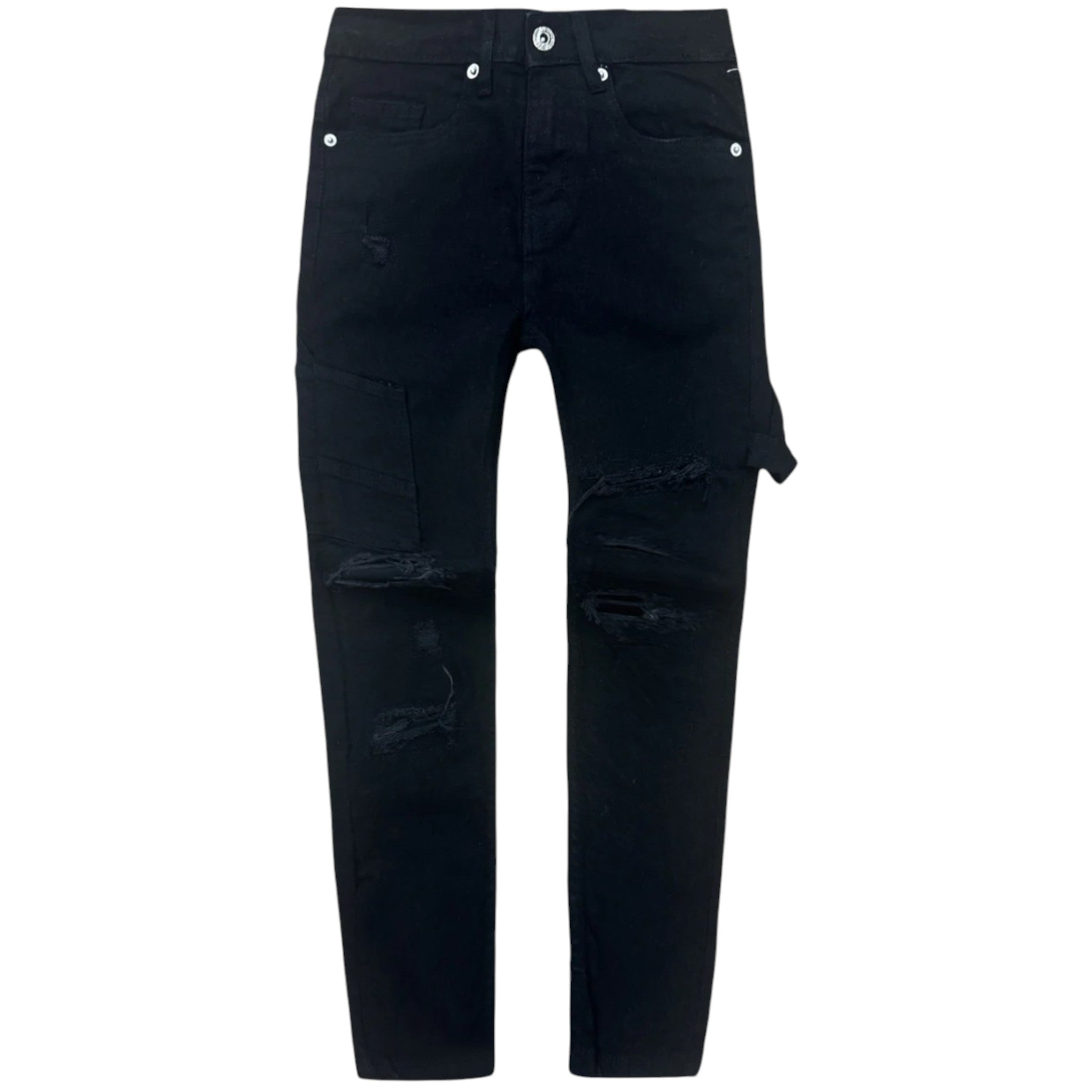 Black distressed jeans on a white background
