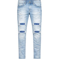 Light blue distressed jeans on a white background