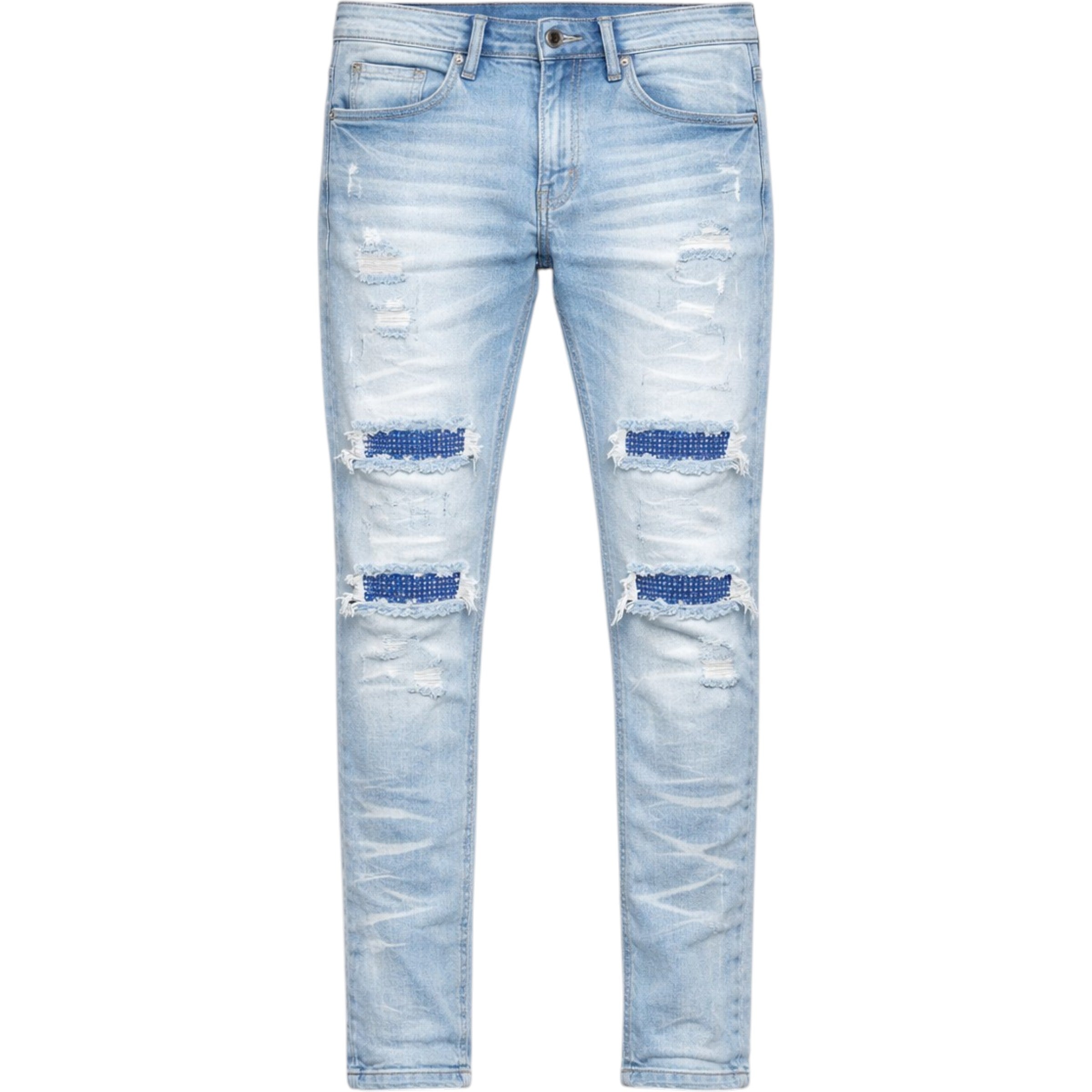 Light blue distressed jeans on a white background