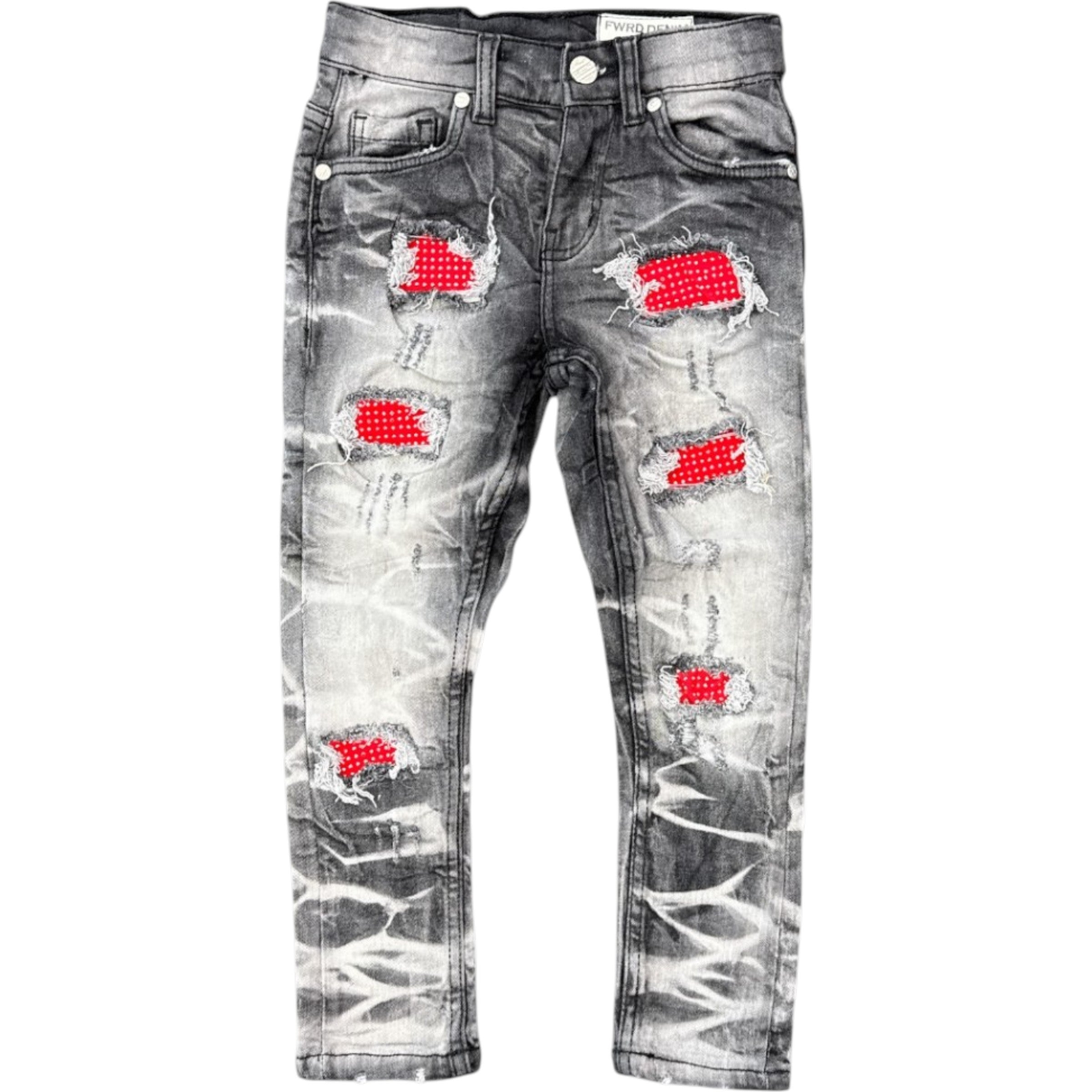 Kids Slim Fit Crystal Distressed Denim In Washed Black And Red