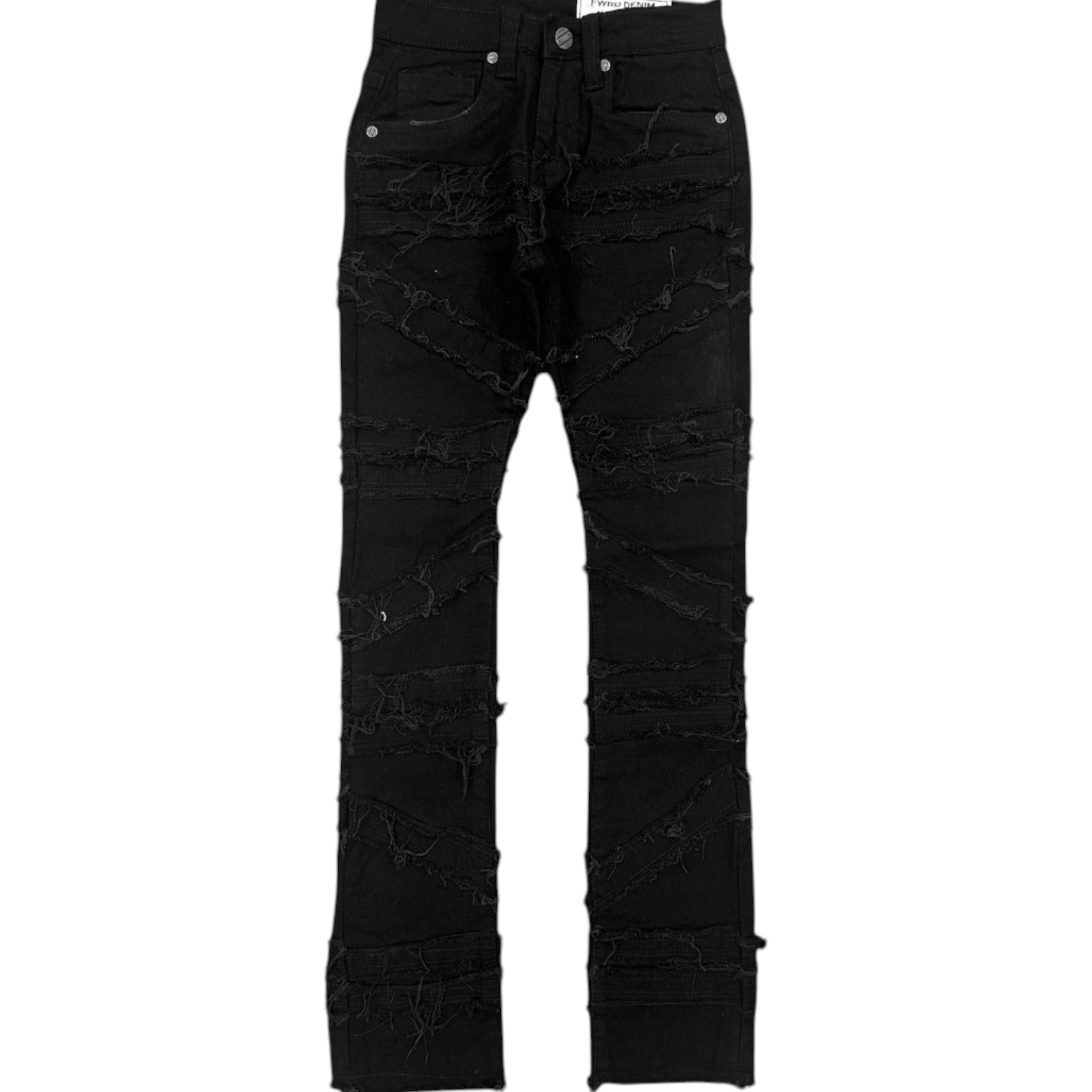 Black distressed jeans on a white background