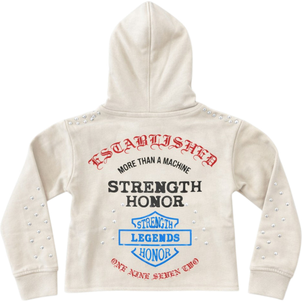 Beige hoodie with text and logo on the back against a white background FWRD Kids 'Established' Studded French Terry Pullover Hoodie (Stone) FW-10586K