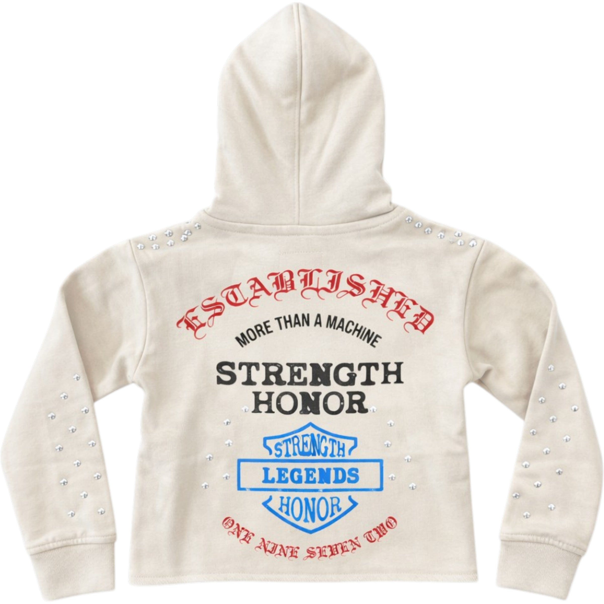 Beige hoodie with text and logo on the back against a white background FWRD Kids 'Established' Studded French Terry Pullover Hoodie (Stone) FW-10586K