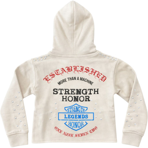 Beige hoodie with text and logo on the back against a white background FWRD Kids 'Established' Studded French Terry Pullover Hoodie (Stone) FW-10586K