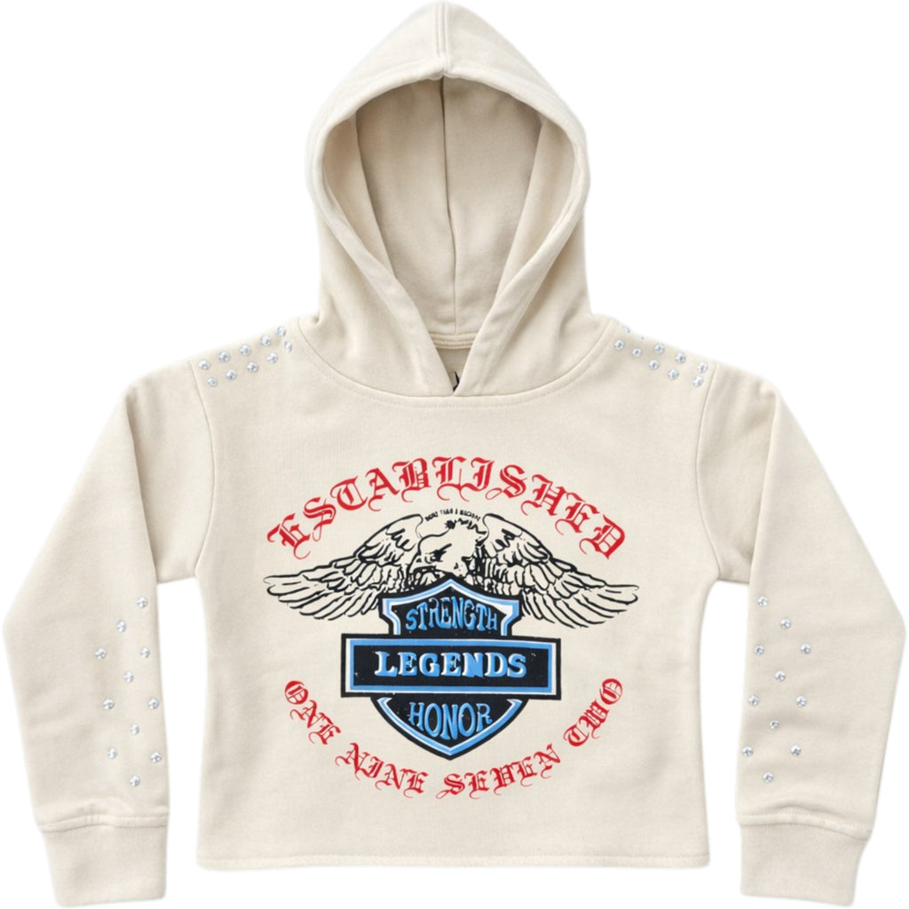 Beige hoodie with graphic design and text on a white background