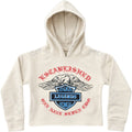 Beige hoodie with graphic design and text on a white background