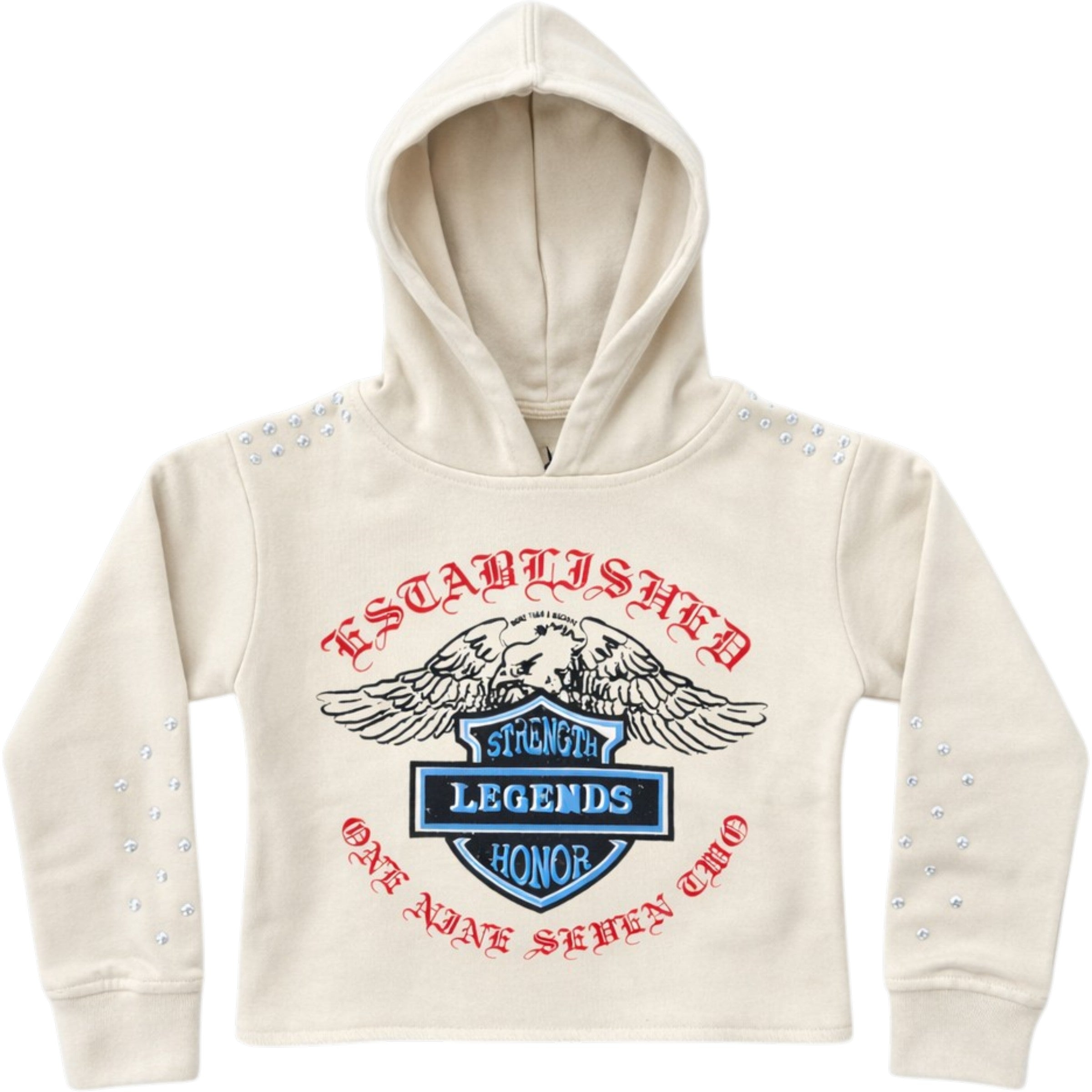 Beige hoodie with graphic design and text on a white background