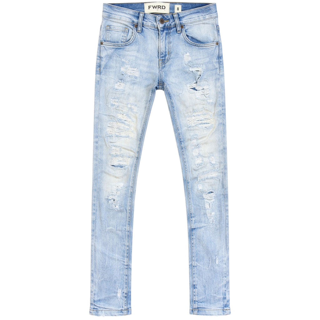 Light blue distressed jeans on a white background
