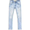 Light blue distressed jeans on a white background