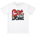 White t-shirt with colorful 'Get It Done' text and teddy bear graphics on a white background