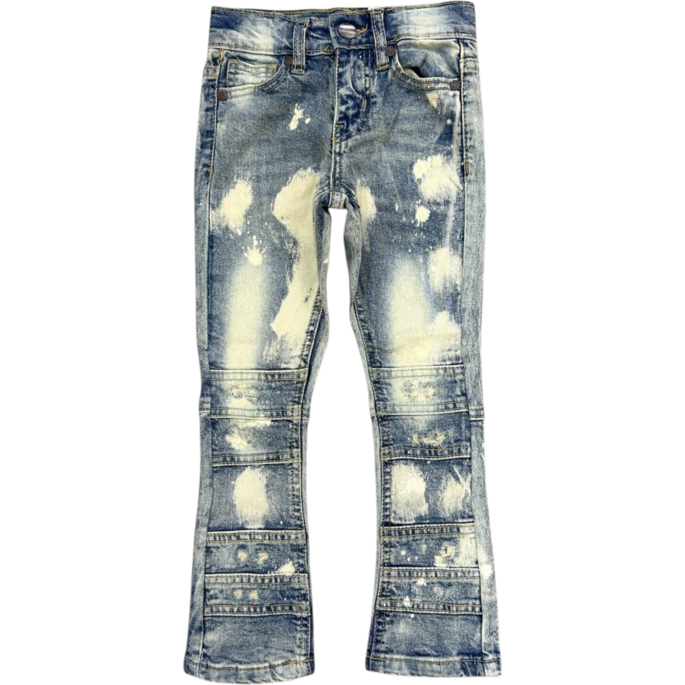 kids stacked jeans Distressed blue jeans on a white background kids stack jeans