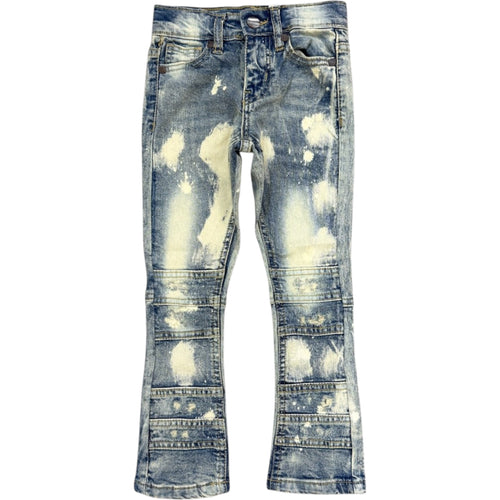 kids stacked jeans Distressed blue jeans on a white background kids stack jeans