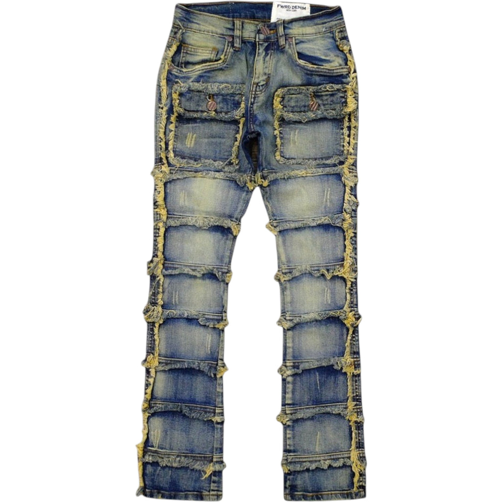 Distressed blue jeans on a white background