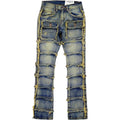 Distressed blue jeans on a white background