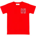 Red t-shirt with a small white logo on the chest against a white background