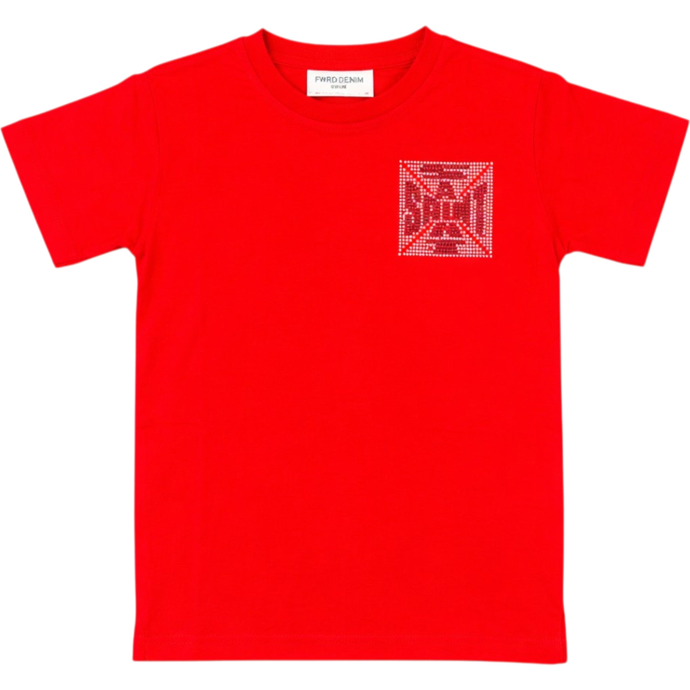 Red t-shirt with a small white logo on the chest against a white background