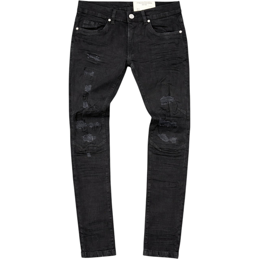 Black distressed jeans on a white background
