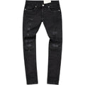 Black distressed jeans on a white background
