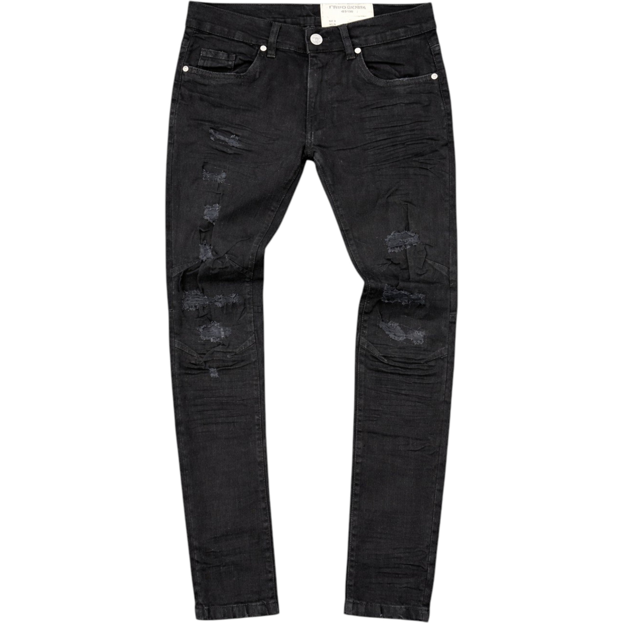 Black distressed jeans on a white background