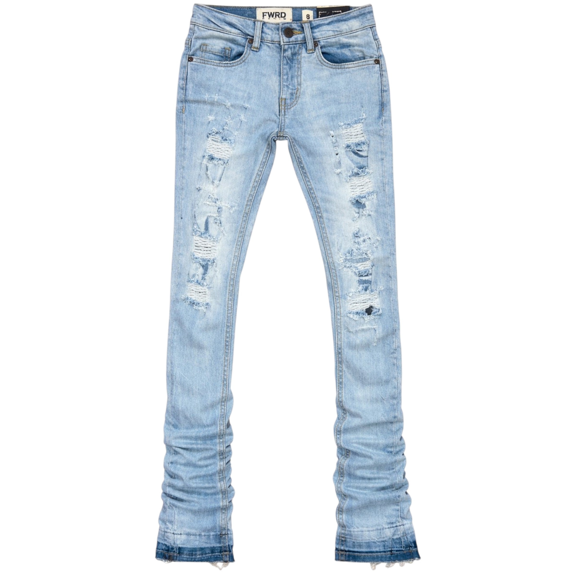 Light blue distressed jeans on a white background