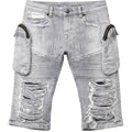 Distressed gray jeans with zippers and frayed edges on a white background