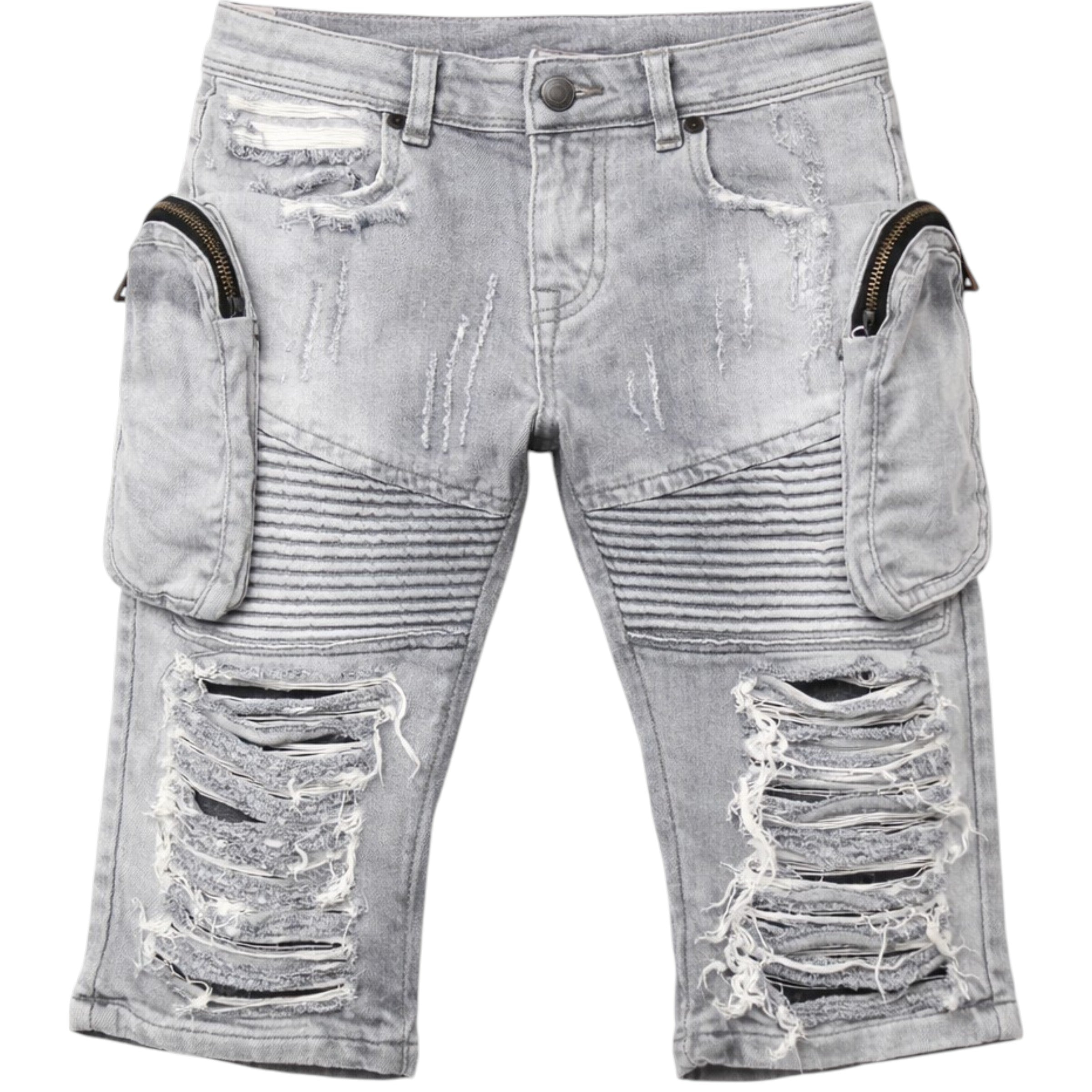 Distressed gray jeans with zippers and frayed edges on a white background