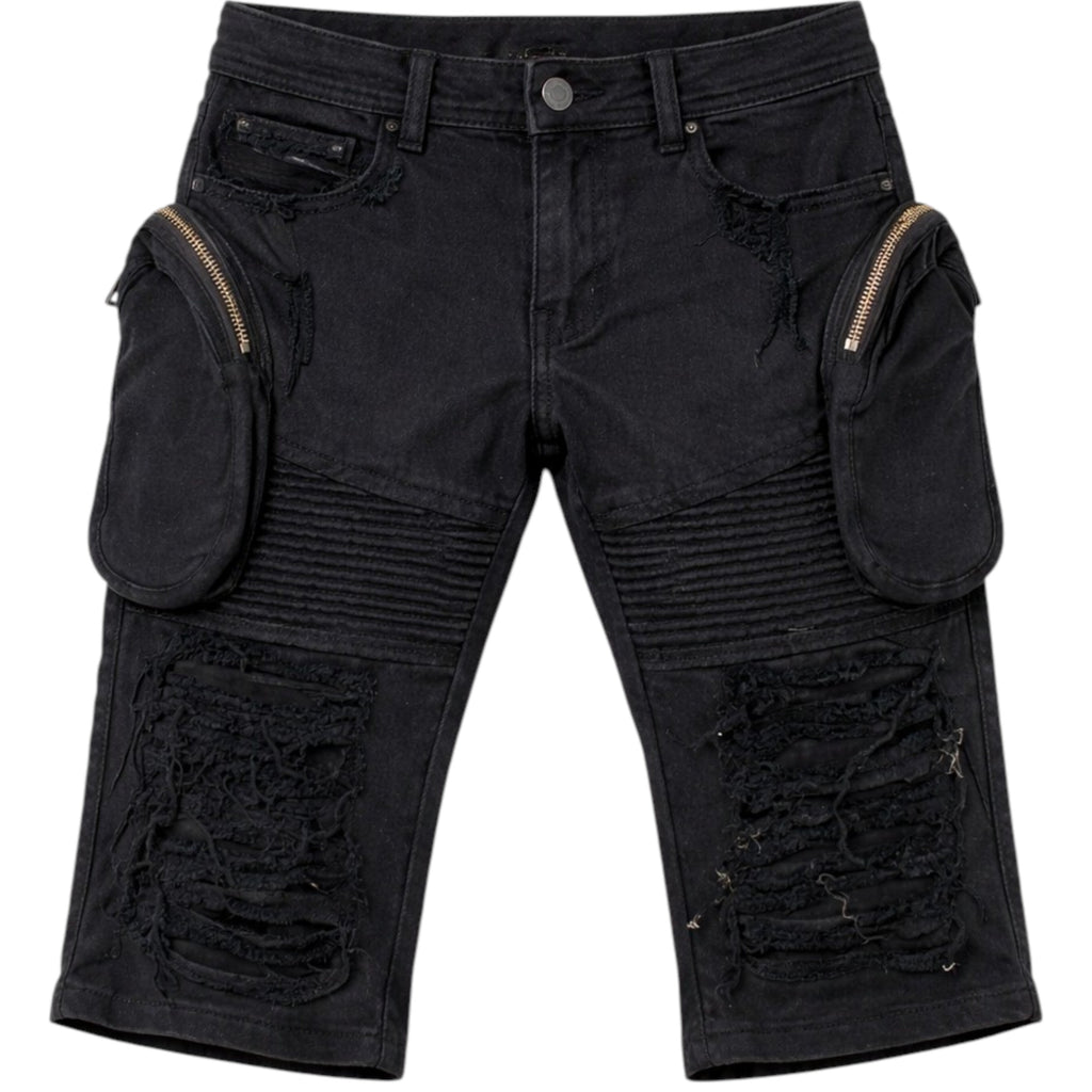 Black distressed shorts with zippers on a white background