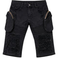 Black distressed shorts with zippers on a white background