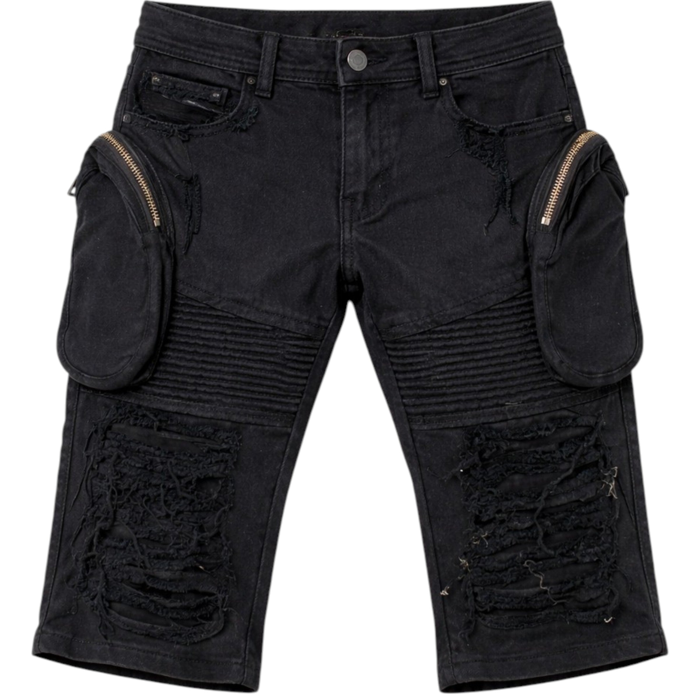 Black distressed shorts with zippers on a white background