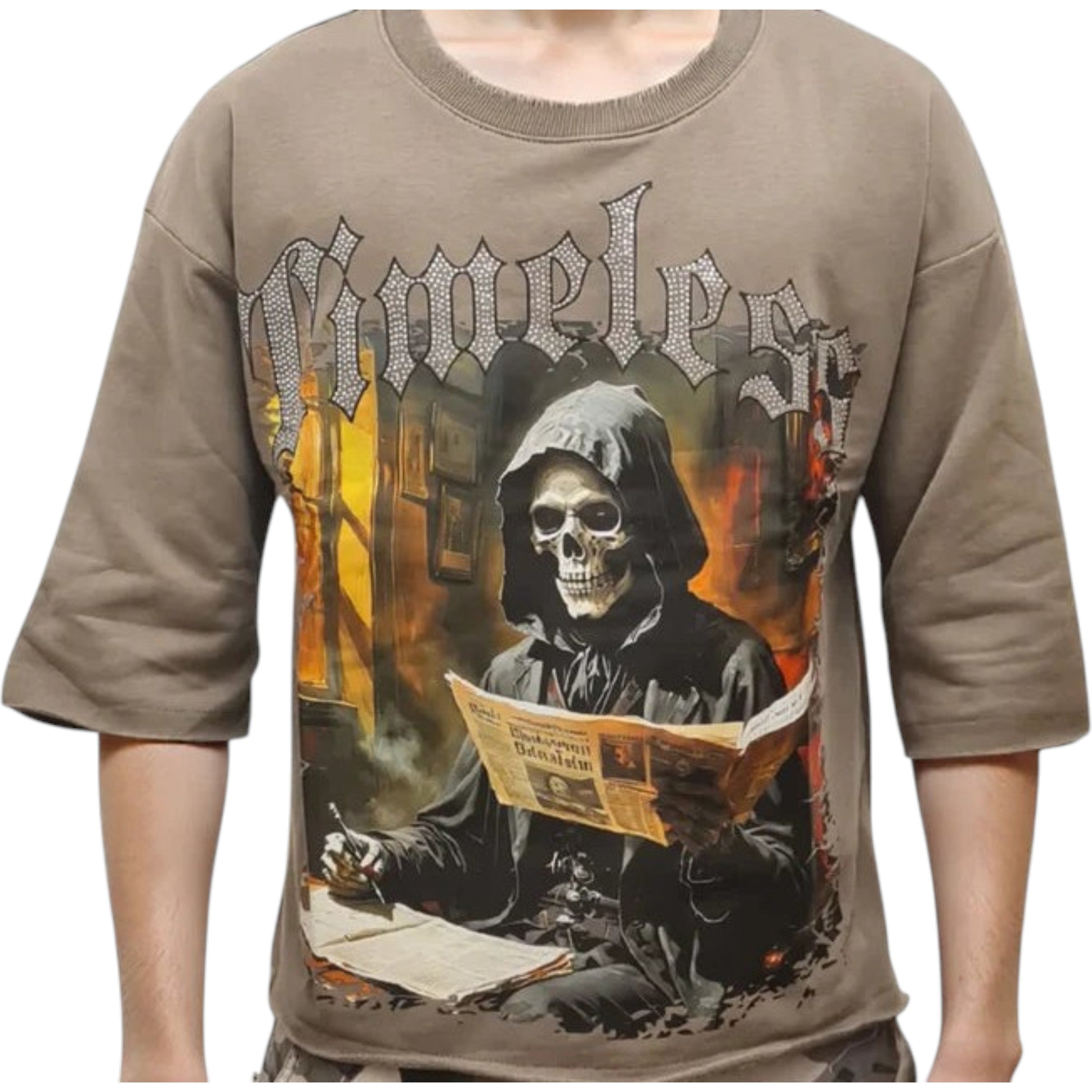 T-shirt with a graphic design of a skeleton in a hood reading a newspaper, set against a fiery background. Focus 'Timeless' Cropped T-Shirt (Harvest) 80731