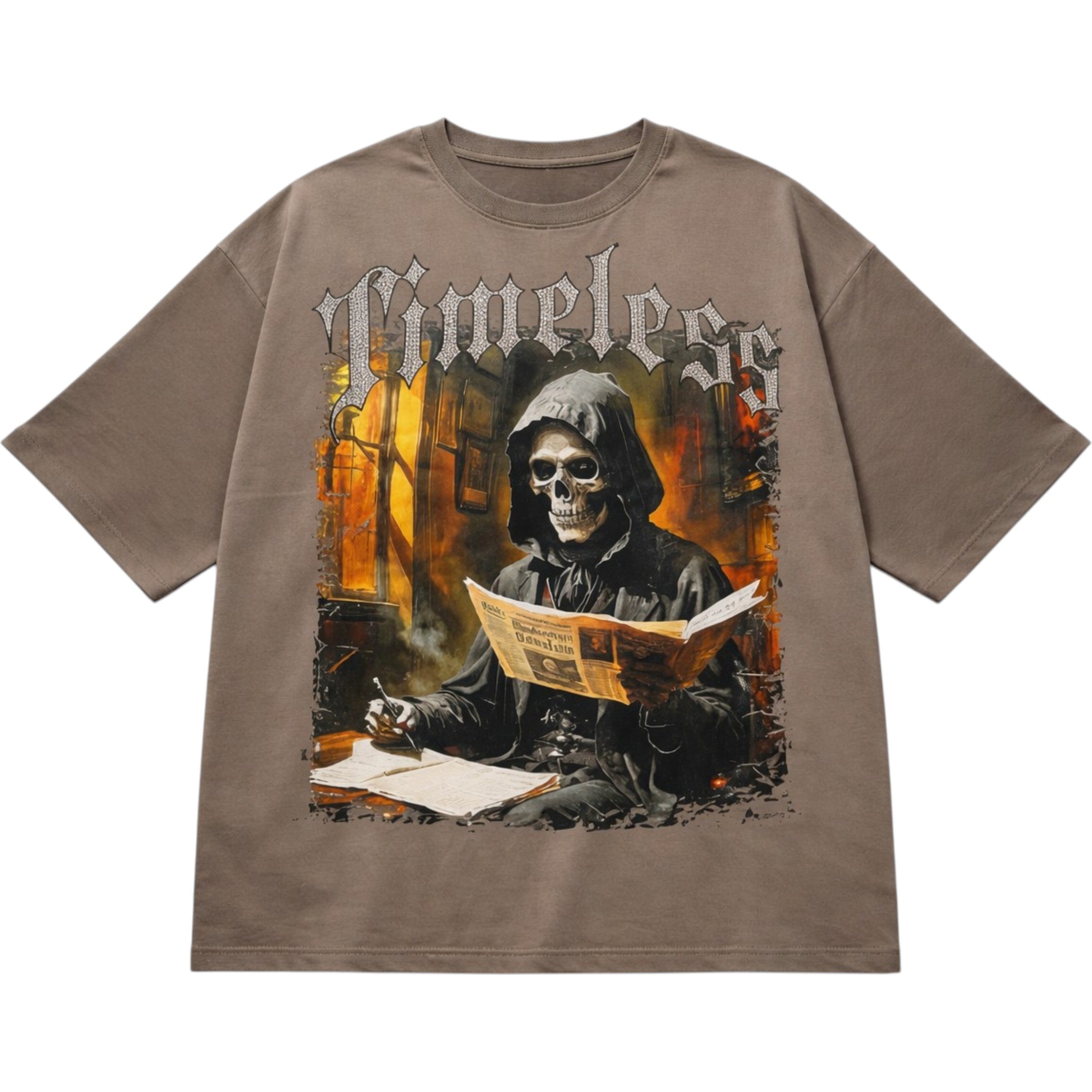 Brown t-shirt with a graphic of a skeleton reading a newspaper titled 'Timeless'.