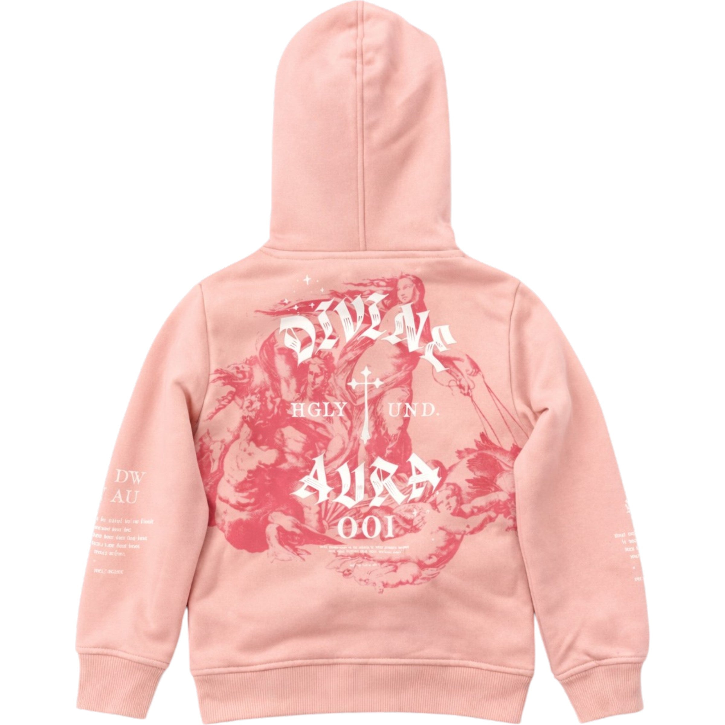Pink hoodie with graphic design and text on a white background