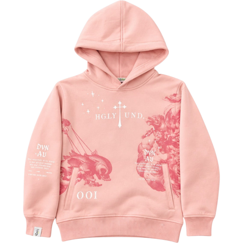 Pink hoodie with graphic designs and text on a white background