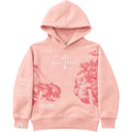 Pink hoodie with graphic designs and text on a white background