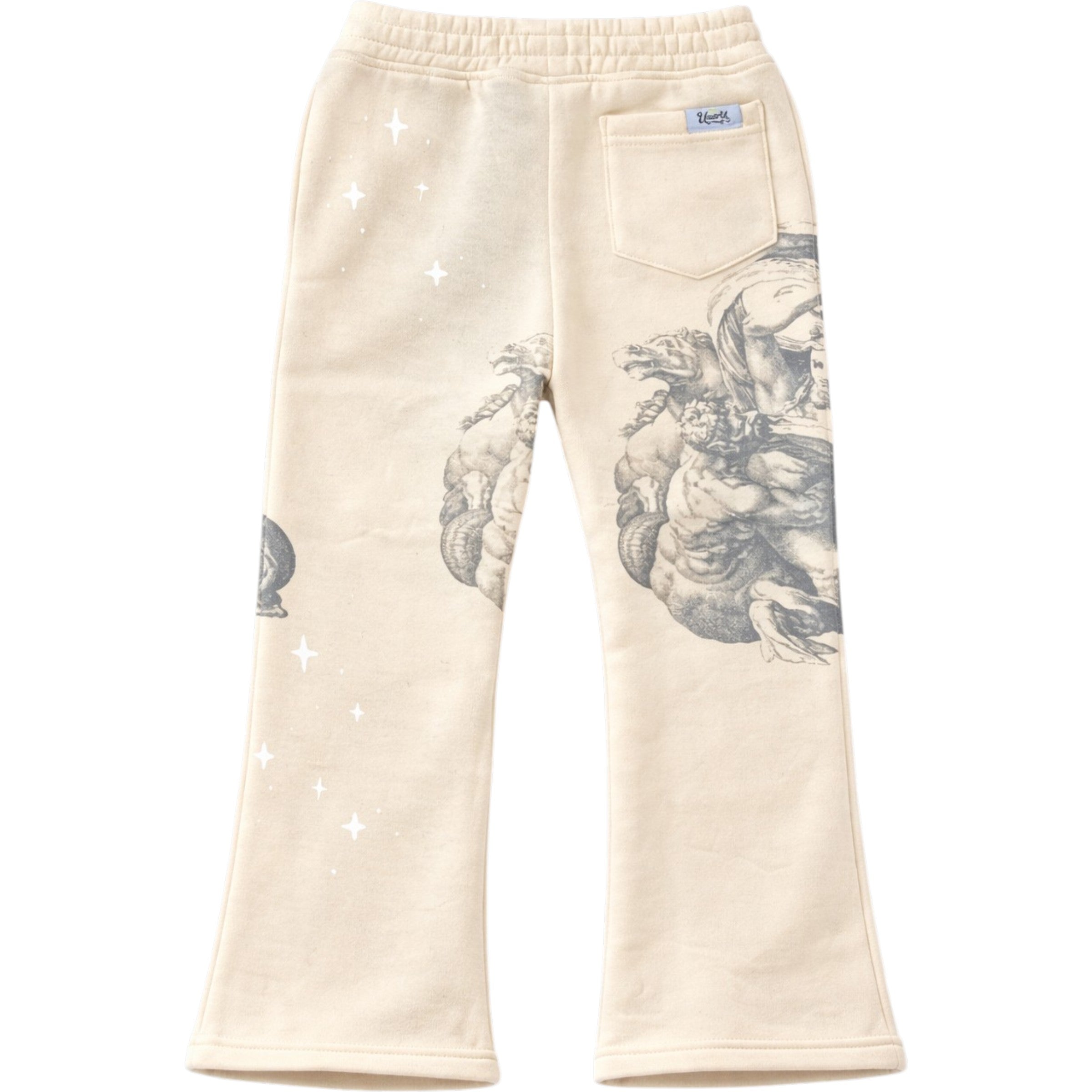 Beige sweatpants with graphic designs on a white background