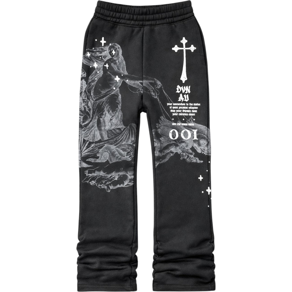 Black sweatpants with white graphics and text on a white background kids stacked pants 