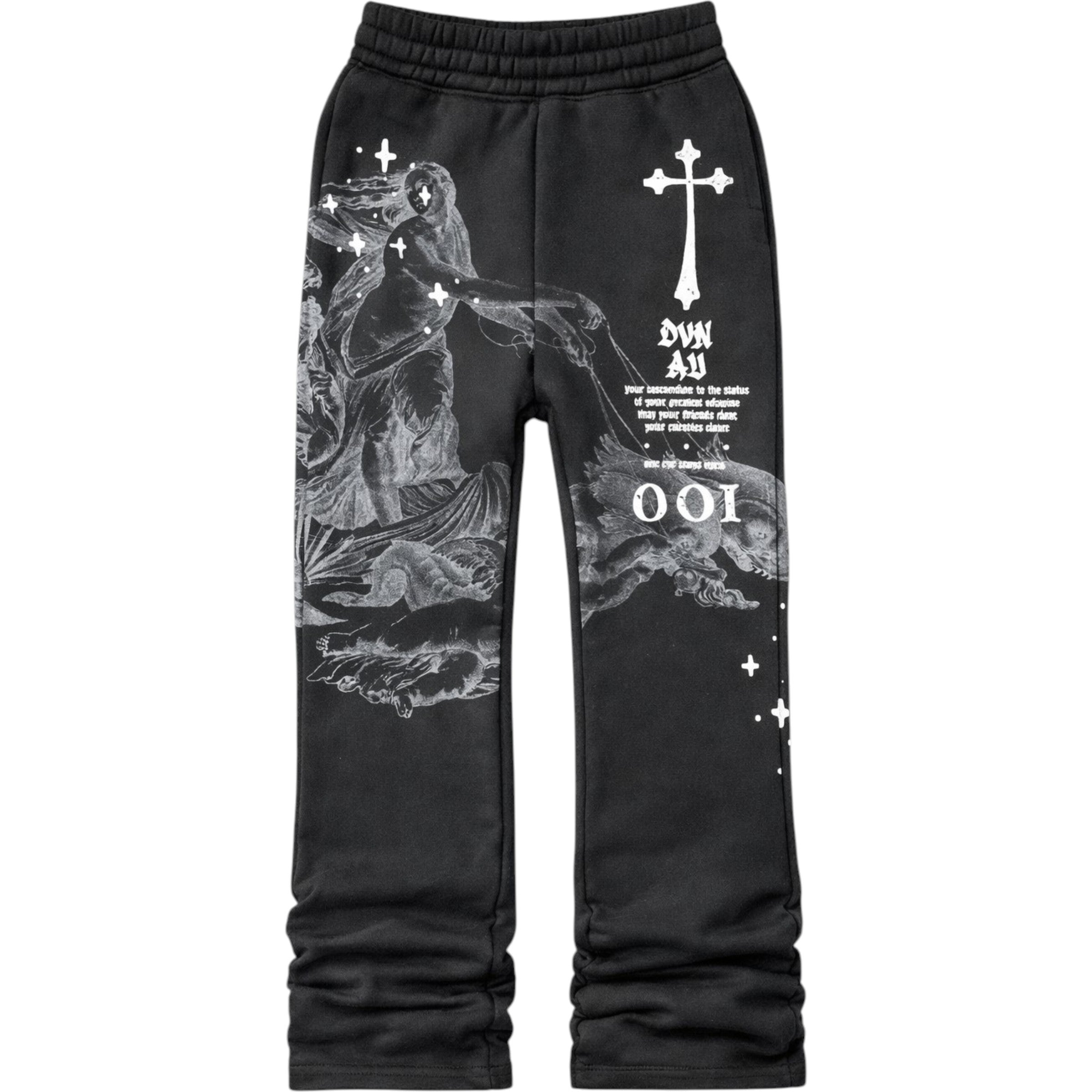 Black sweatpants with white graphics and text on a white background kids stacked pants 
