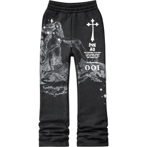 Black sweatpants with white graphics and text on a white background kids stacked pants 