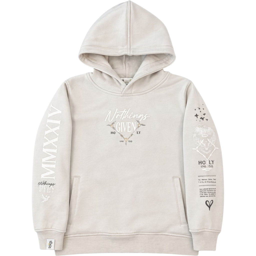 Beige hoodie with text and graphics on a white background