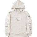 Beige hoodie with text and graphics on a white background